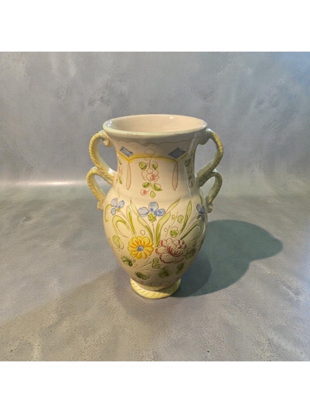 Vintage Italian Majolica Floral Double Handle Vase